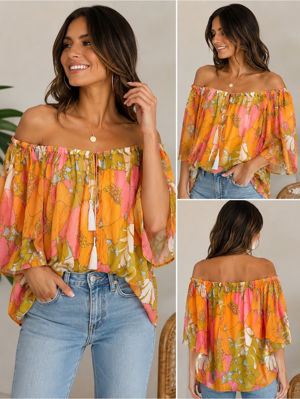 Trina Turk Floral Off Shoulder Silk Blend Boho Peasant Top Tassel Tie - Picture 1 of 8